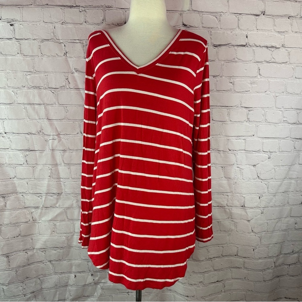 Zenana premium Red White striped V-Neck long sleeve knit tunic t-shirt womens L